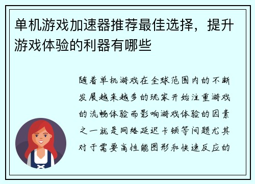 单机游戏加速器推荐最佳选择，提升游戏体验的利器有哪些